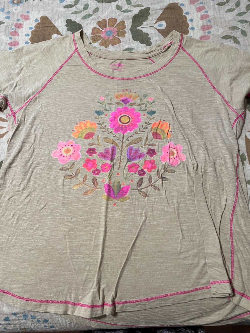 NATURAL LIFE Cream Short Sleeve Tee with Pink Floral Print